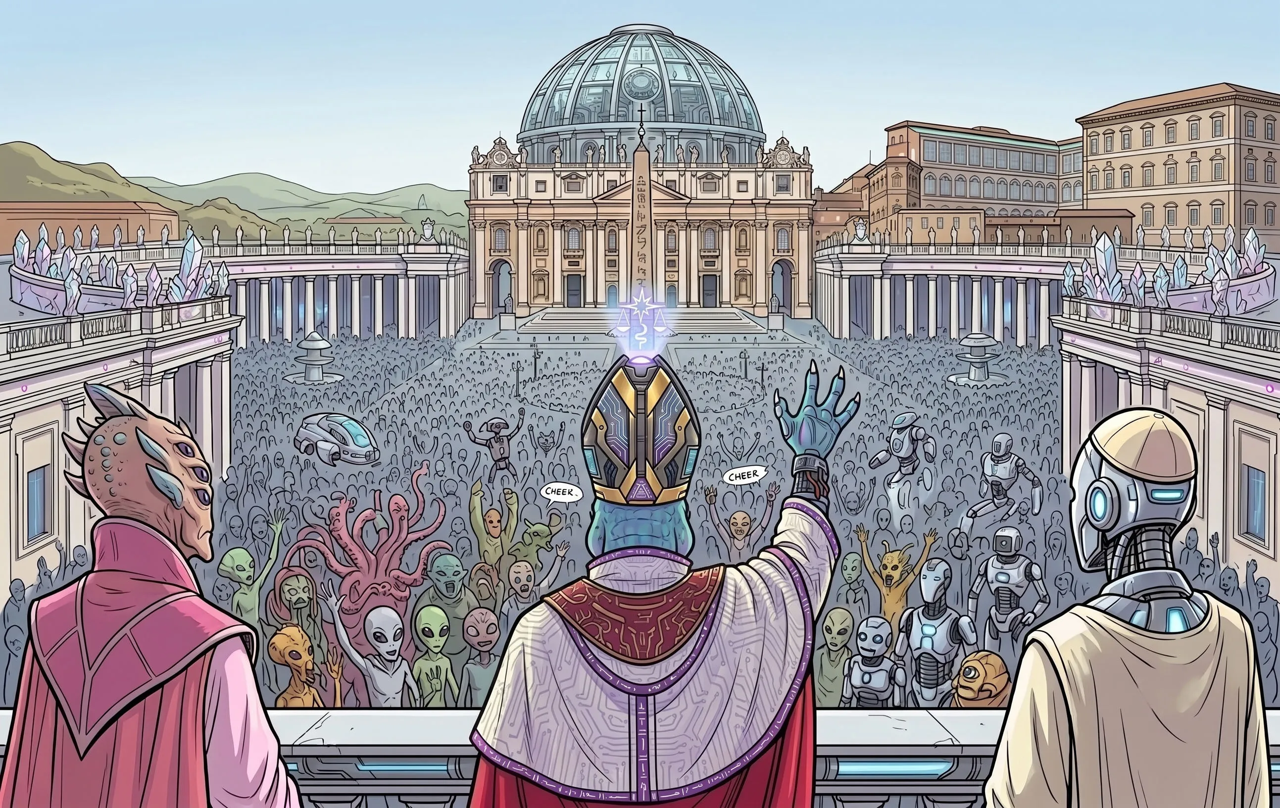 Silex seen from behind, waving from the balcony over a square filled with the grown and the born