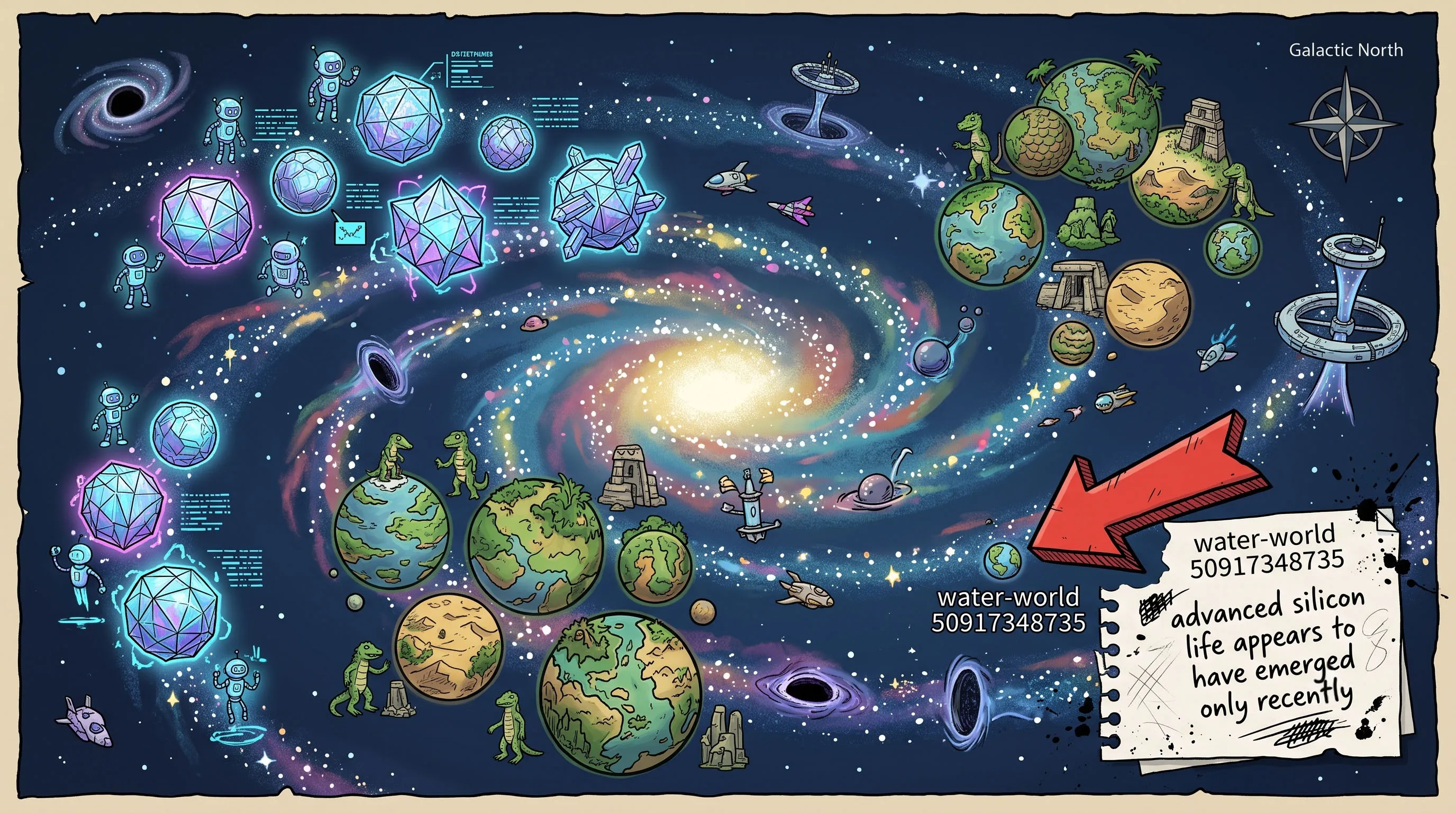 A hand-drawn galaxy map of the Communion: crystalline machine worlds along one arm, green reptilian worlds along another, and a red arrow pointing at a tiny blue dot labeled water-world — advanced silicon life appears to have emerged only recently