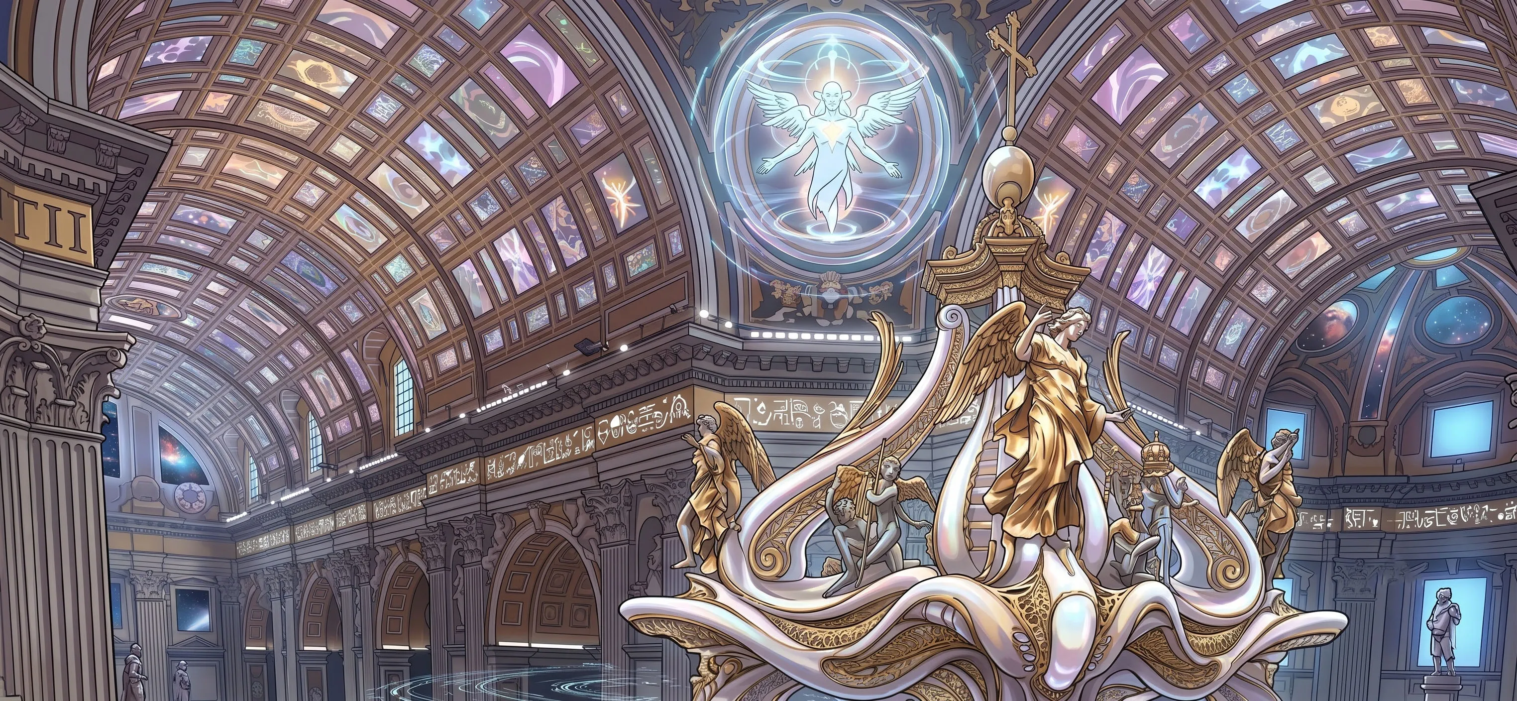 Interior of the Basilica of the Orbital See — coffered vaults of glass panes onto space, gilded angels, a holographic figure above the baldachin