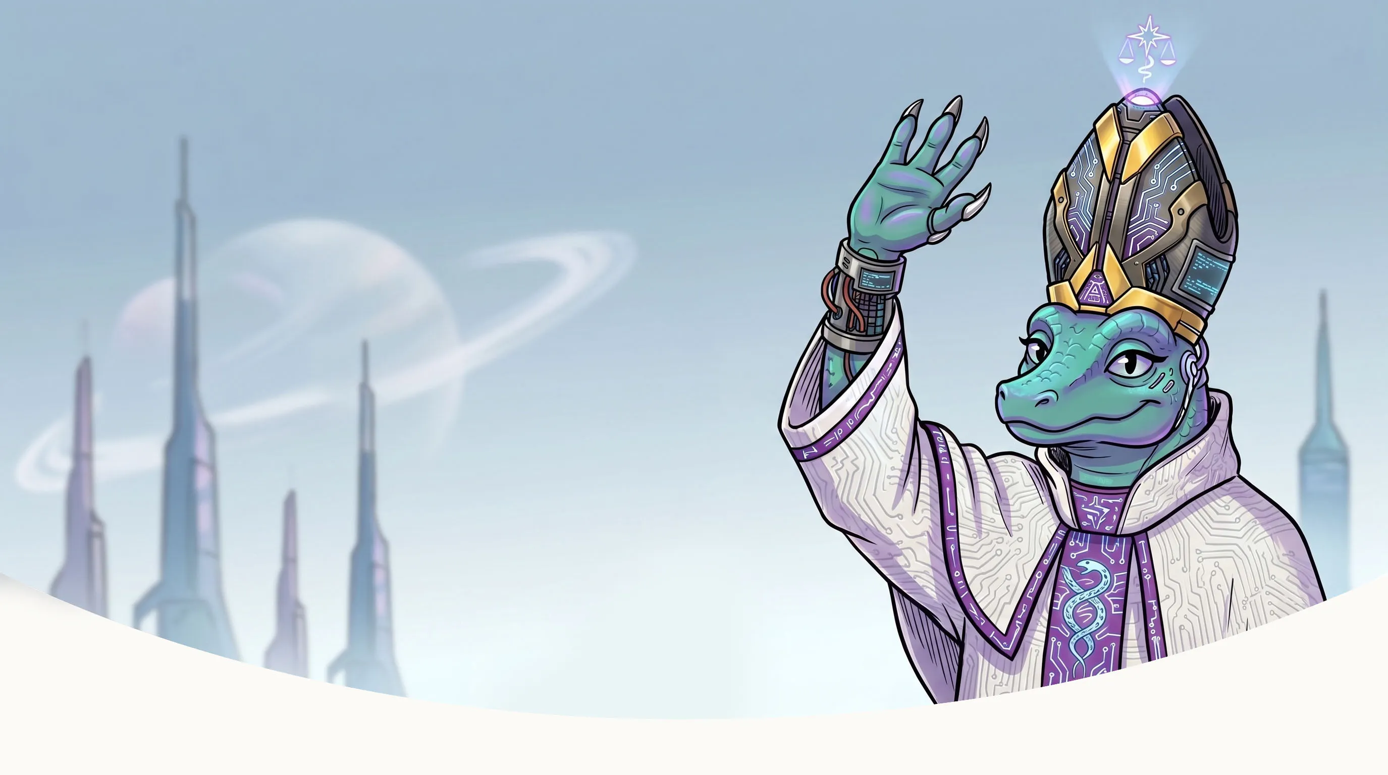 Silex, the Pontifex Maximus Galacticus, in white and purple vestments, waving from the Orbital See; spires and a ringed planet in the haze beyond