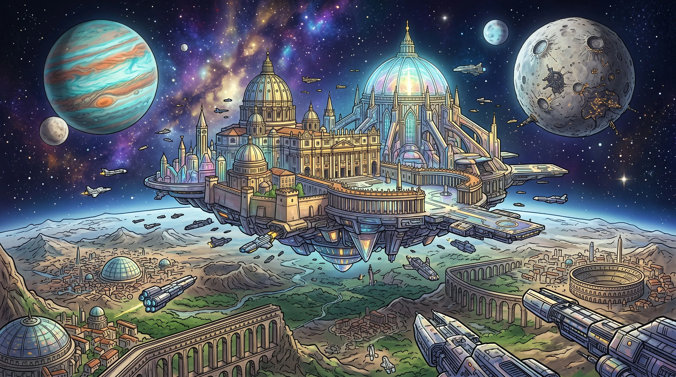 The Orbital See — a floating basilica-city above a terraced world, moons and traffic beyond